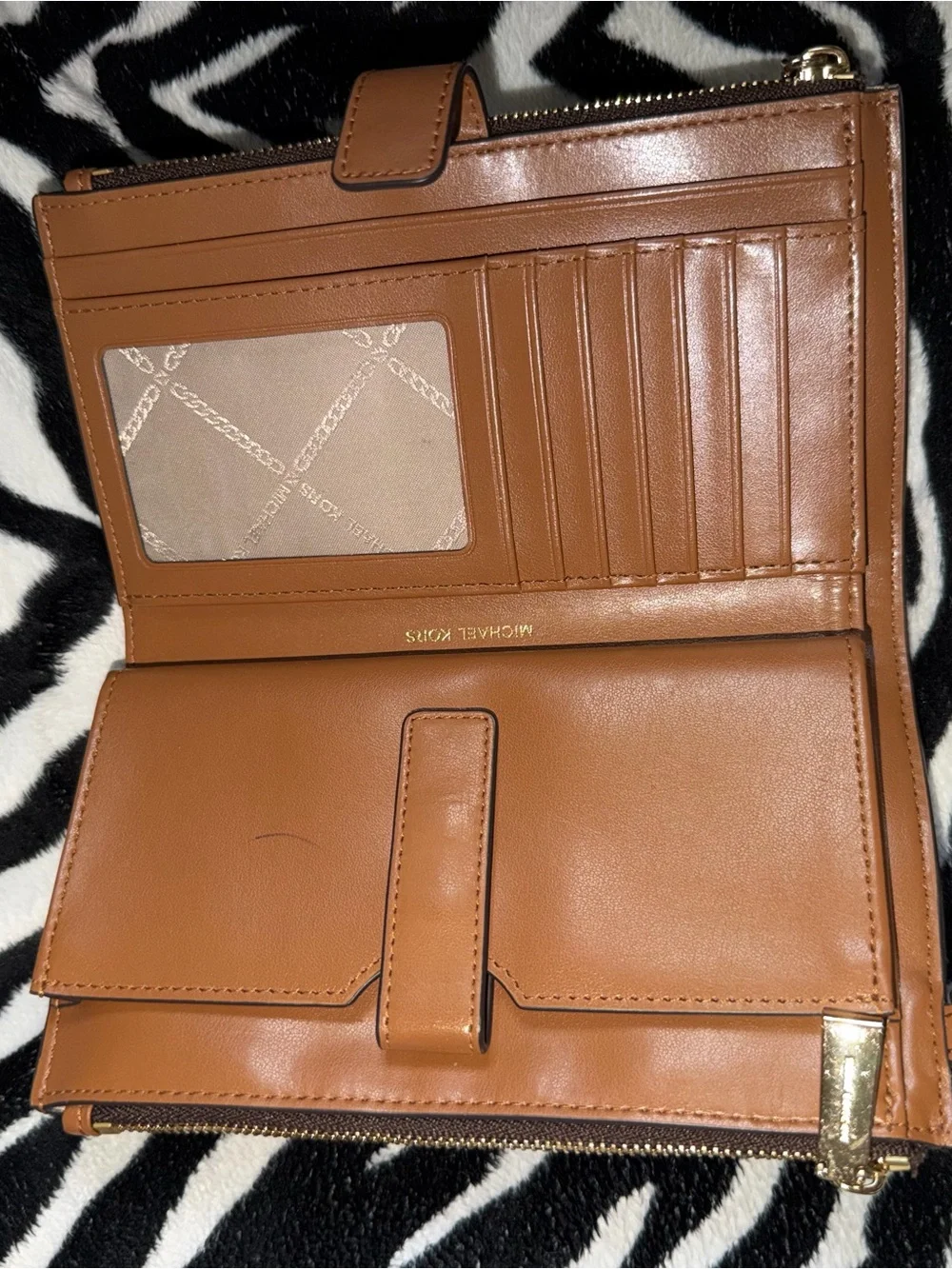 Michael Kors Brown Wristlet with Blue and Light Blue Stripes